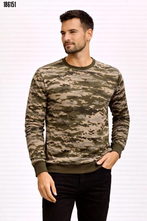Erkek Kamuflaj Desenli 2 İplik 4 Mevsim Uzun Kollu Bisiklet Yaka Sweatshirt Kamuflaj