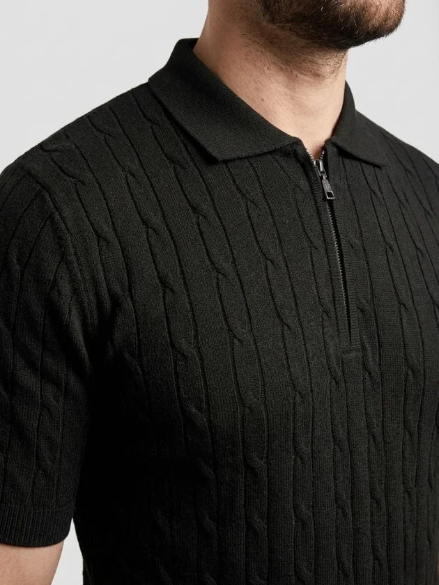 Erkek Yazlık Triko Saç Örgü Tişört Kısa Kol Polo Yaka Fermuarlı T-Shirt - Siyah (186168)