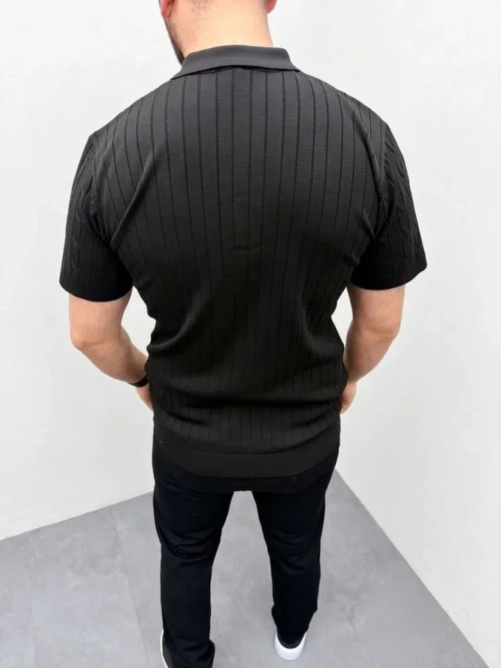 Erkek Yazlık Triko Saç Örgü Tişört Kısa Kol Polo Yaka Fermuarlı T-Shirt - Siyah (186168)