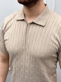 Erkek Yazlık Triko Saç Örgü Tişört Kısa Kol Polo Yaka Fermuarlı T-Shirt - Bej (186169)