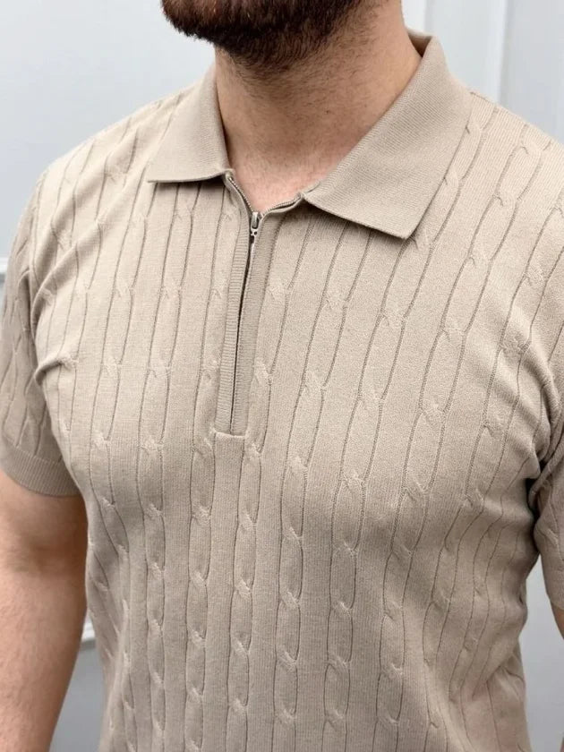 Erkek Yazlık Triko Saç Örgü Tişört Kısa Kol Polo Yaka Fermuarlı T-Shirt - Bej (186169)