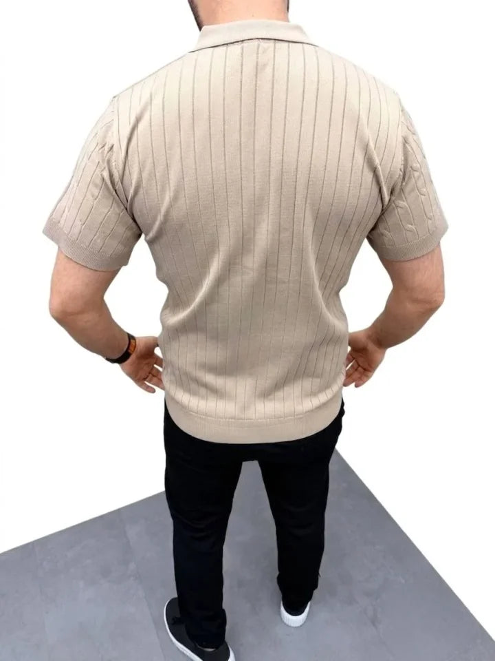 Erkek Yazlık Triko Saç Örgü Tişört Kısa Kol Polo Yaka Fermuarlı T-Shirt - Bej (186169)