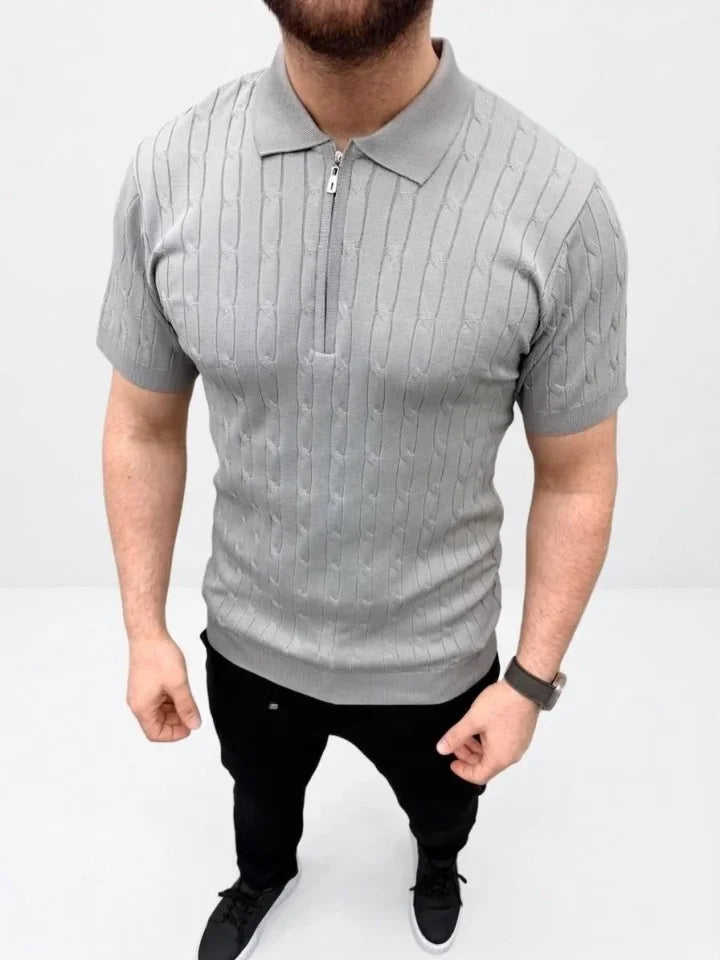 Erkek Yazlık Triko Saç Örgü Tişört Kısa Kol Polo Yaka Fermuarlı T-Shirt - Gri (186170)