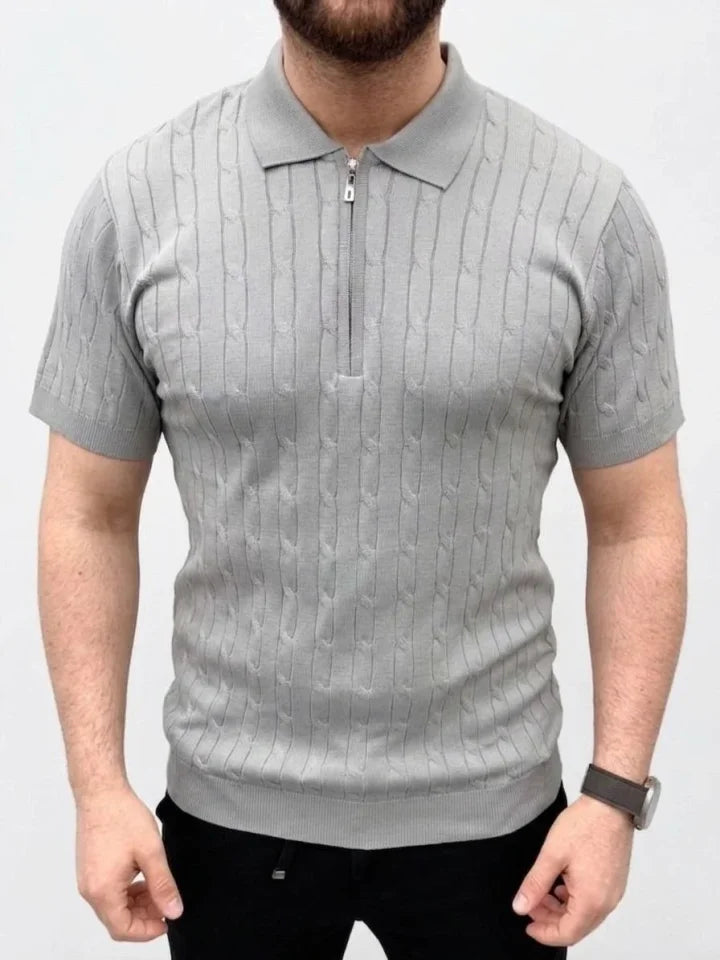 Erkek Yazlık Triko Saç Örgü Tişört Kısa Kol Polo Yaka Fermuarlı T-Shirt - Gri (186170)