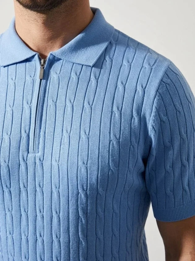 Erkek Yazlık Triko Saç Örgü Tişört Kısa Kol Polo Yaka Fermuarlı T-Shirt - Bebe Mavisi (186172)