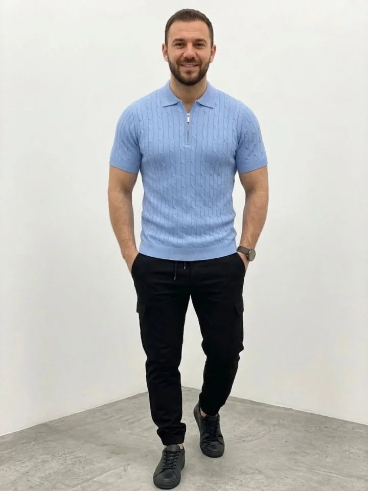 Erkek Yazlık Triko Saç Örgü Tişört Kısa Kol Polo Yaka Fermuarlı T-Shirt - Bebe Mavisi (186172)