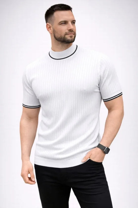 Erkek Fitilli Triko Dokuma Kısa Kol Tişört Yarım Boğaz Modern Yazlık T-Shirt - Beyaz (186173)