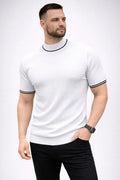 Erkek Fitilli Triko Dokuma Kısa Kol Tişört Yarım Boğaz Modern Yazlık T-Shirt - Beyaz (186173)