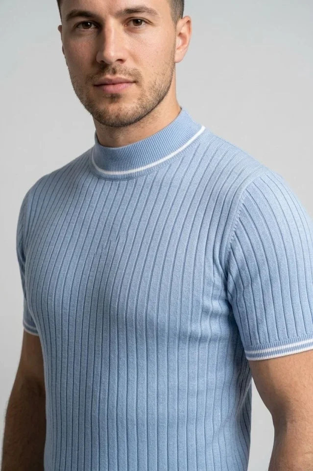Erkek Fitilli Triko Dokuma Kısa Kol Tişört Yarım Boğaz Modern Yazlık T-Shirt - Bebe Mavisi (186174)