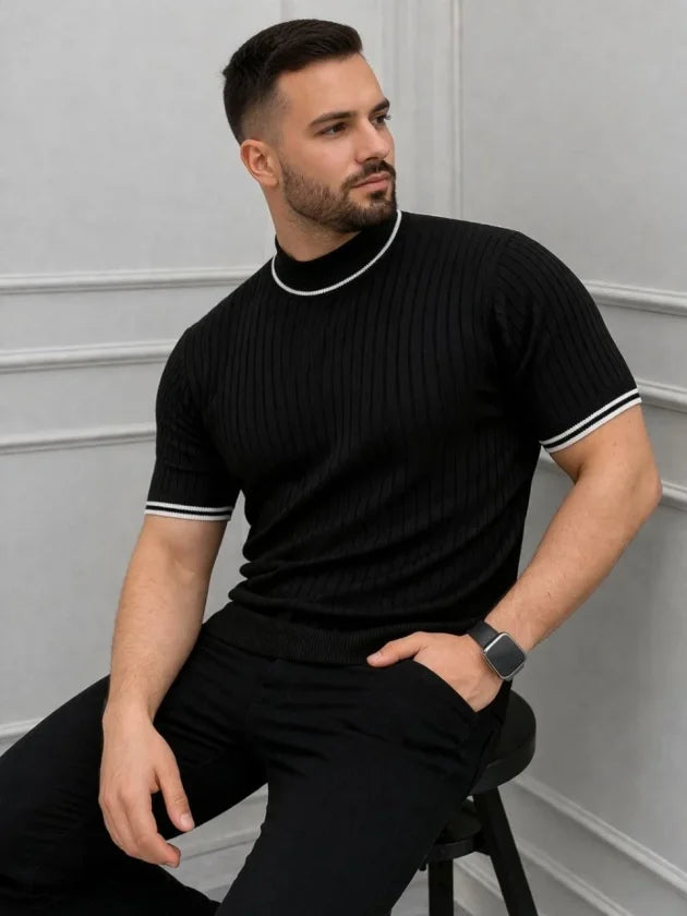 Erkek Fitilli Triko Dokuma Kısa Kol Tişört Yarım Boğaz Modern Yazlık T-Shirt - Siyah (186175)