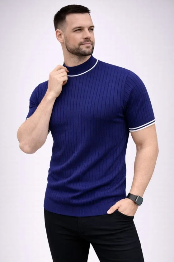 Erkek Fitilli Triko Dokuma Kısa Kol Tişört Yarım Boğaz Modern Yazlık T-Shirt - Lacivert (186177)