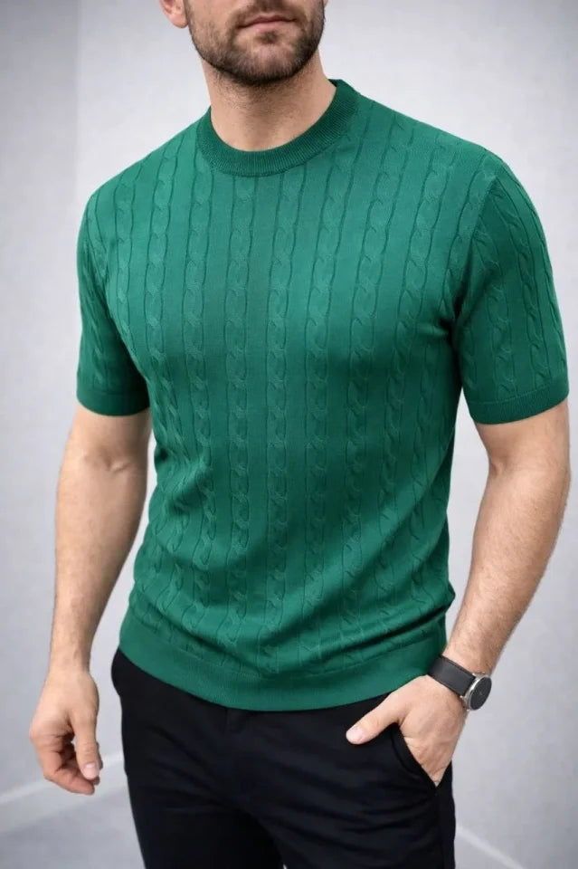 Erkek Yazlık Triko Dokuma Tişört Kısa Kol Bisiklet Yaka Örgü Desenli T-Shirt - Haki (186178)