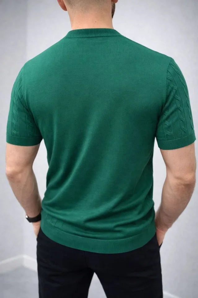 Erkek Yazlık Triko Dokuma Tişört Kısa Kol Bisiklet Yaka Örgü Desenli T-Shirt - Haki (186178)