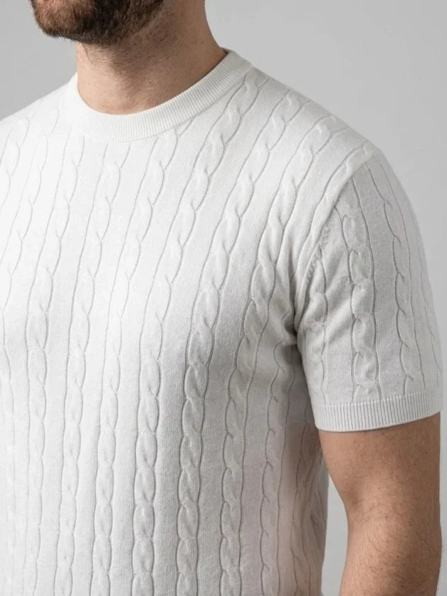 Erkek Yazlık Triko Dokuma Tişört Kısa Kol Bisiklet Yaka Örgü Desenli T-Shirt - Beyaz (186179)