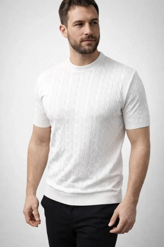 Erkek Yazlık Triko Dokuma Tişört Kısa Kol Bisiklet Yaka Örgü Desenli T-Shirt - Beyaz (186179)