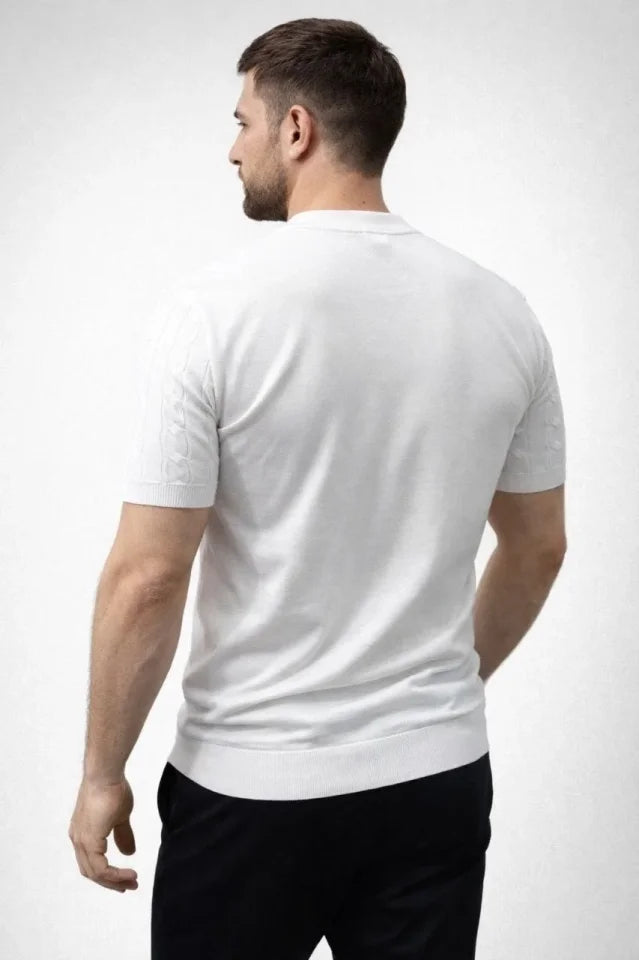 Erkek Yazlık Triko Dokuma Tişört Kısa Kol Bisiklet Yaka Örgü Desenli T-Shirt - Beyaz (186179)