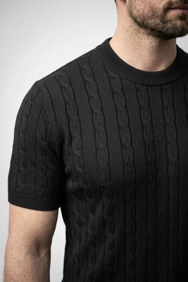 Erkek Yazlık Triko Dokuma Tişört Kısa Kol Bisiklet Yaka Örgü Desenli T-Shirt - Siyah (186180)