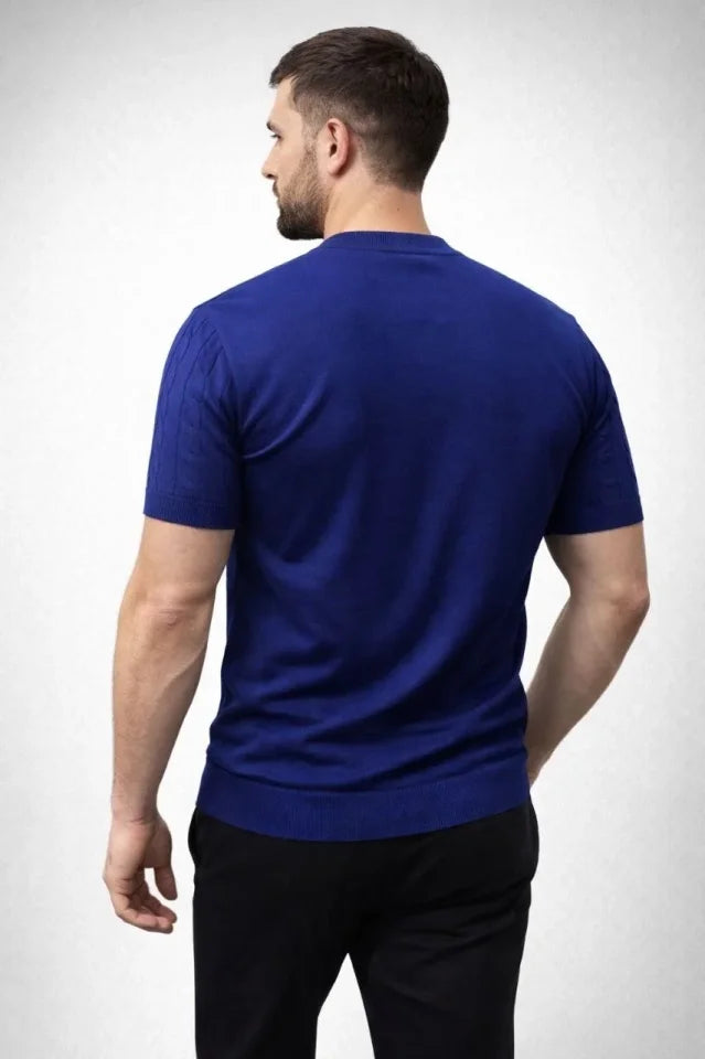 Erkek Yazlık Triko Dokuma Tişört Kısa Kol Bisiklet Yaka Örgü Desenli T-Shirt - Lacivert (186181)