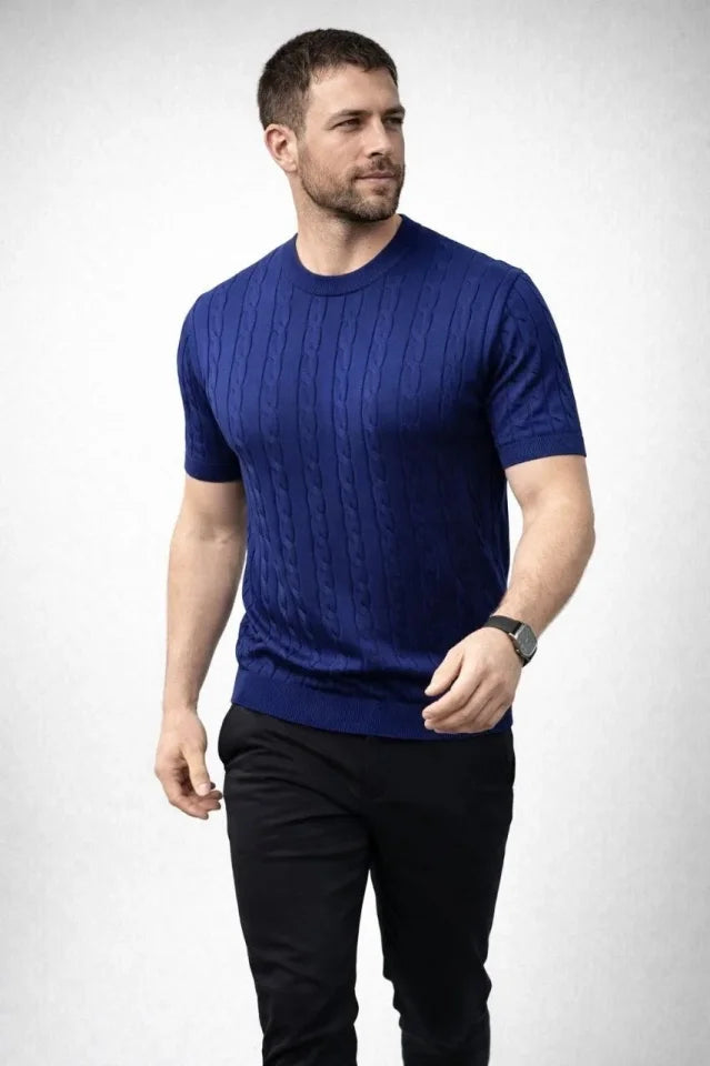 Erkek Yazlık Triko Dokuma Tişört Kısa Kol Bisiklet Yaka Örgü Desenli T-Shirt - Lacivert (186181)