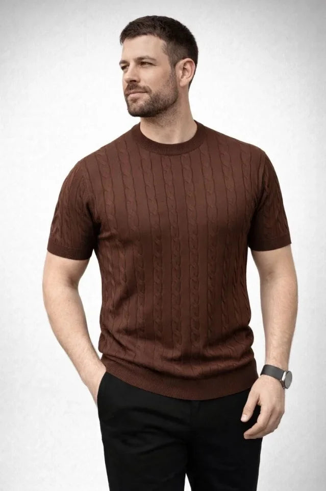 Erkek Yazlık Triko Dokuma Tişört Kısa Kol Bisiklet Yaka Örgü Desenli T-Shirt - Kahverengi (186182)