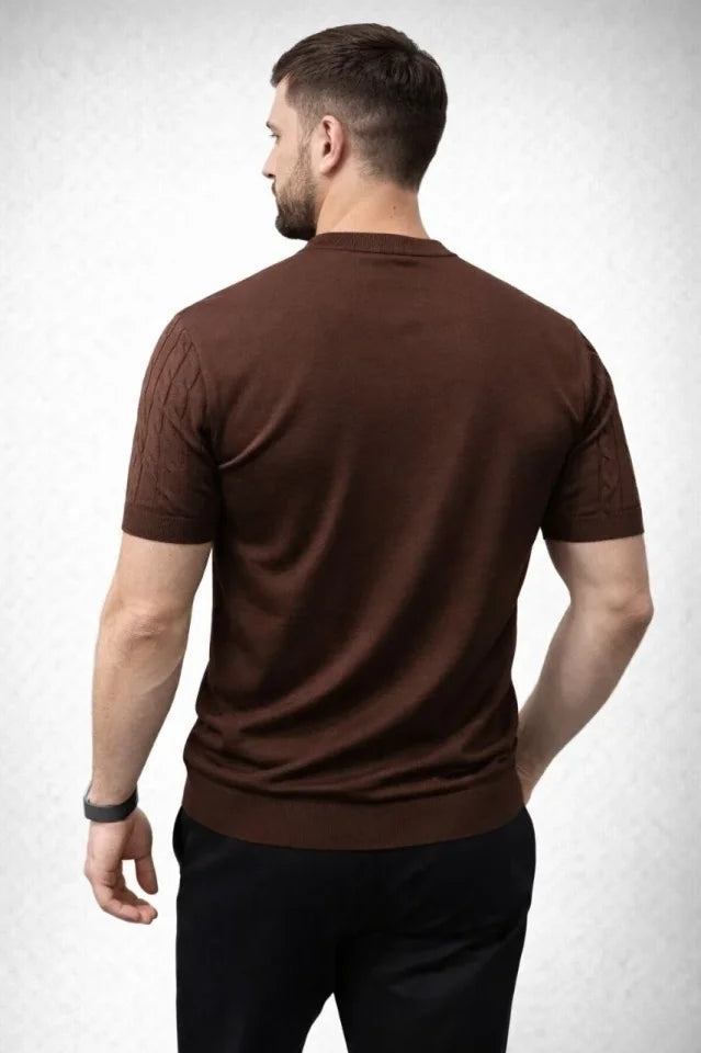 Erkek Yazlık Triko Dokuma Tişört Kısa Kol Bisiklet Yaka Örgü Desenli T-Shirt - Kahverengi (186182)