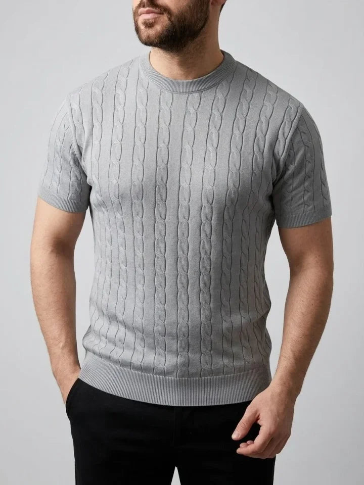 Erkek Yazlık Triko Dokuma Tişört Kısa Kol Bisiklet Yaka Örgü Desenli T-Shirt - Gri (186183)