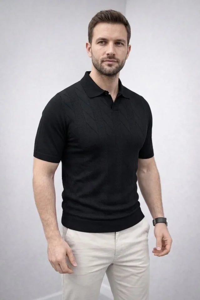 Erkek Yazlık Triko Dokuma Tişört Kısa Kol Polo Yaka T-Shirt - Siyah (186203)