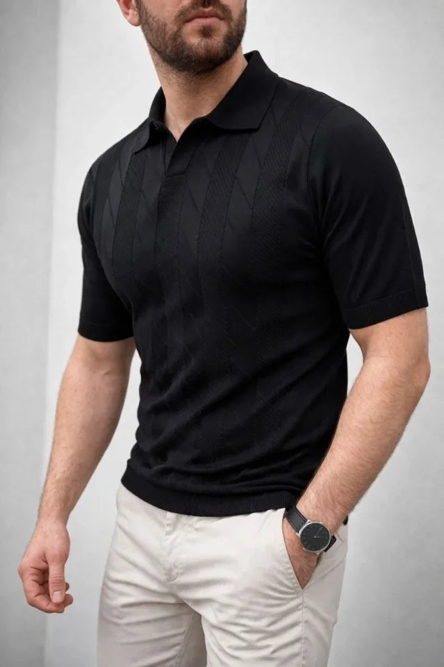 Erkek Yazlık Triko Dokuma Tişört Kısa Kol Polo Yaka T-Shirt - Siyah (186203)