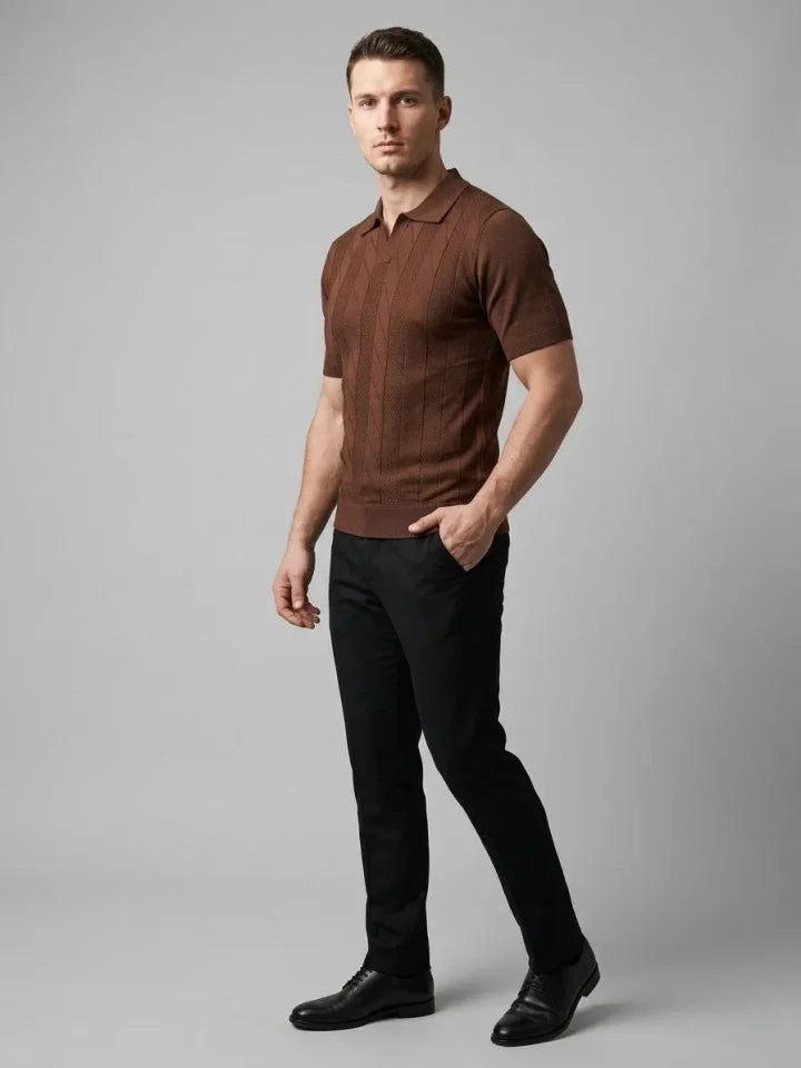 Erkek Yazlık Triko Dokuma Tişört Kısa Kol Polo Yaka T-Shirt - Kahverengi (186204)
