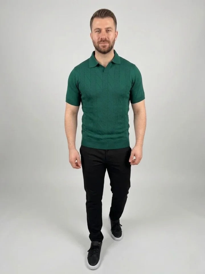 Erkek Yazlık Triko Dokuma Tişört Kısa Kol Polo Yaka T-Shirt - Koyu Yeşil (186205)