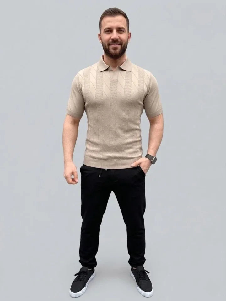 Erkek Yazlık Triko Dokuma Tişört Kısa Kol Polo Yaka T-Shirt - Bej (186206)