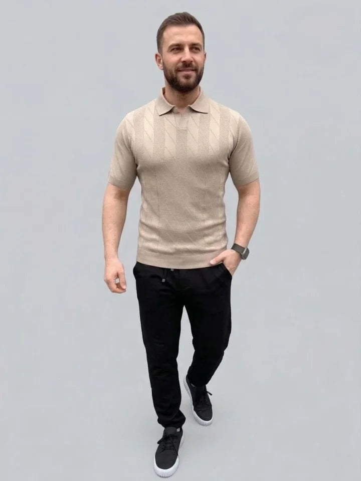 Erkek Yazlık Triko Dokuma Tişört Kısa Kol Polo Yaka T-Shirt - Bej (186206)