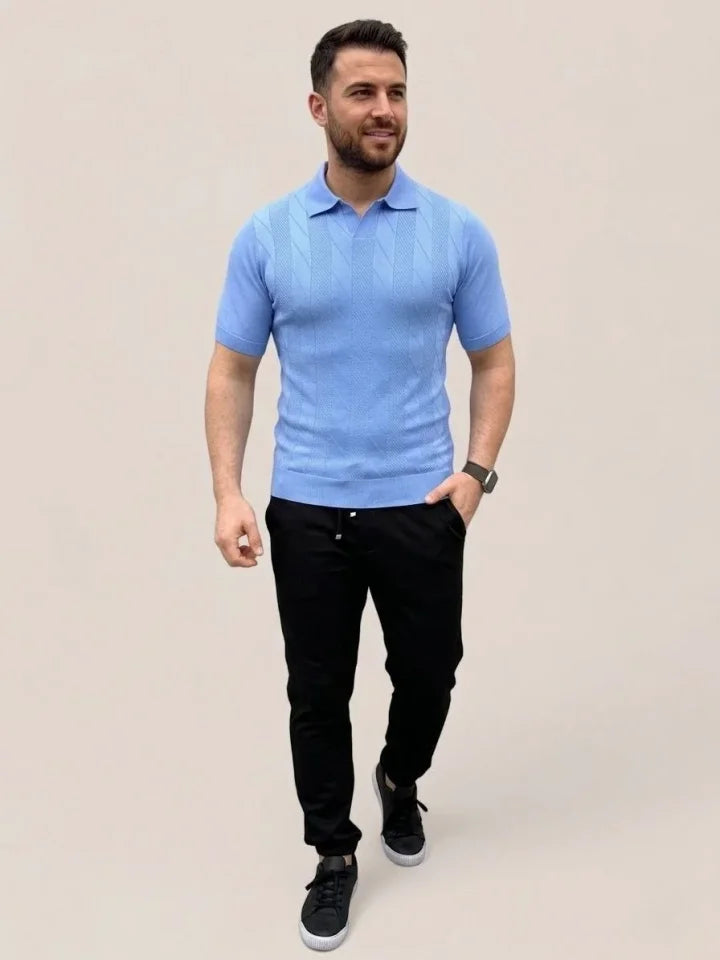 Erkek Yazlık Triko Dokuma Tişört Kısa Kol Polo Yaka T-Shirt - Bebek Mavisi (186207)