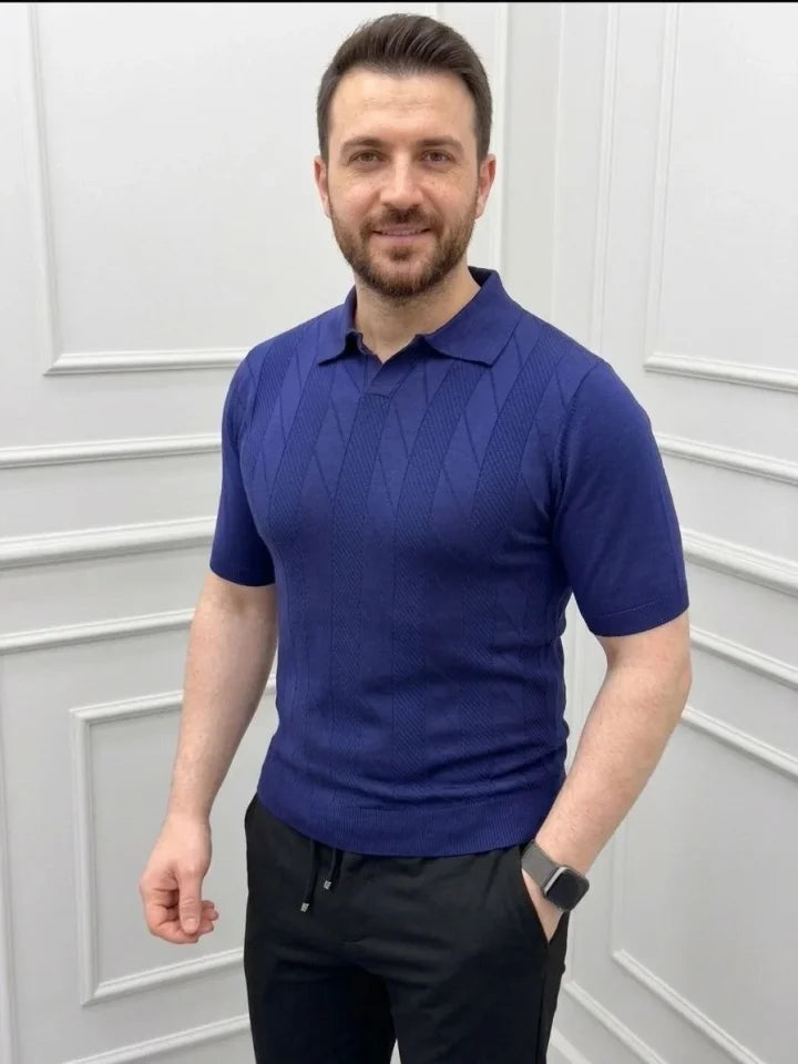 Erkek Yazlık Triko Dokuma Tişört Kısa Kol Polo Yaka T-Shirt - Lacivert (186208)