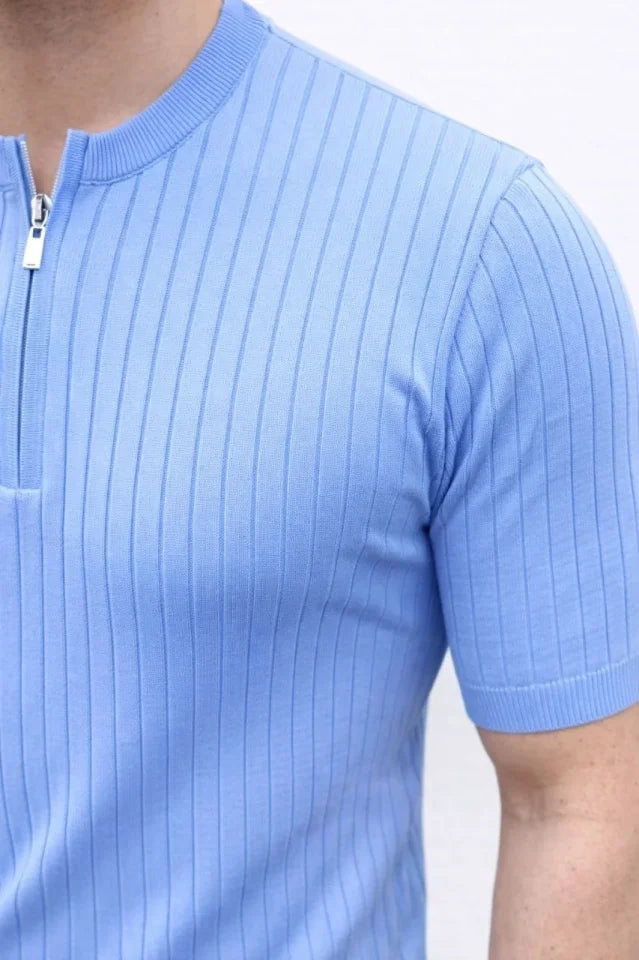 Erkek Kısa Kol Fitilli Triko T-Shirt Yazlık Hakim Yaka Tişört - Bebek Mavisi (186211)