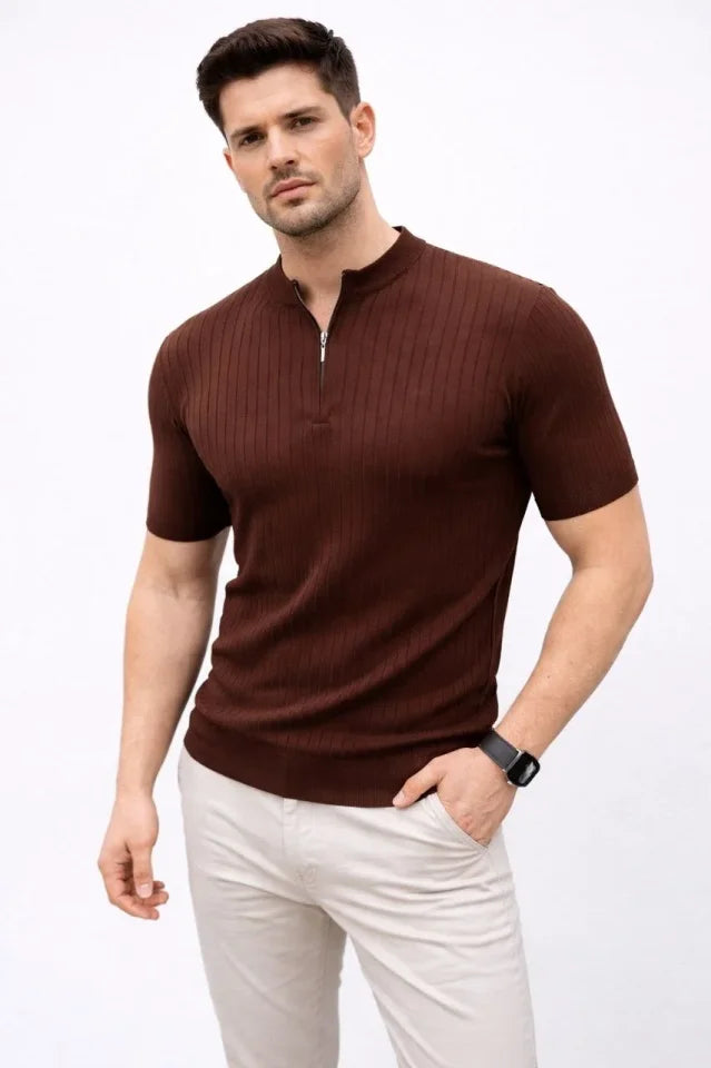 Erkek Kısa Kol Fitilli Triko T-Shirt Yazlık Hakim Yaka Tişört - Kahverengi (186214)