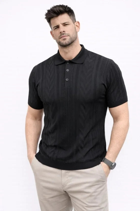 Erkek Yazlık Triko Tişört Kısa Kol Polo Yaka Düğmeli T-Shirt - Siyah (186221)