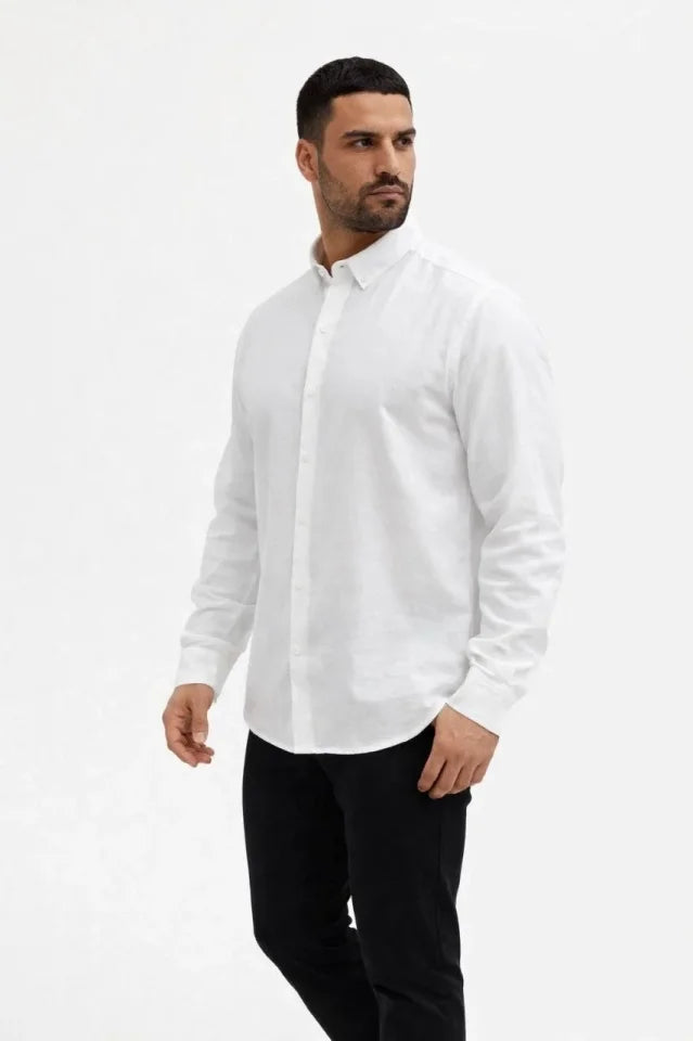 Erkek KETEN Kumaş Oversize Uzun Kollu Rahat Kalıp Gömlek - Beyaz (186277)