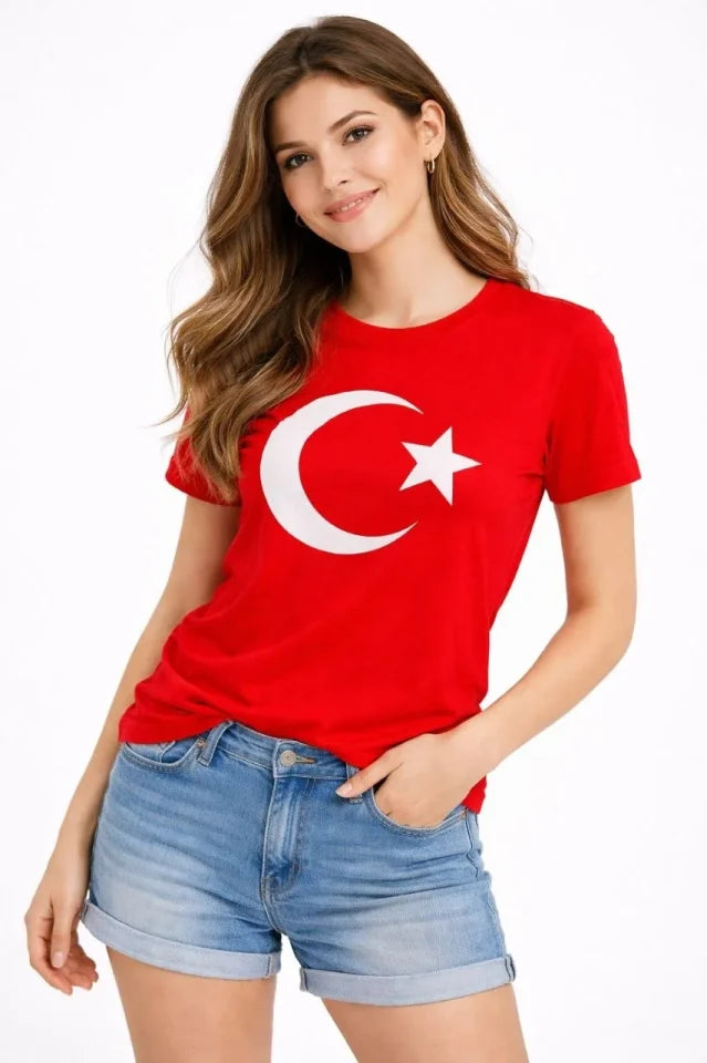 T-Shirt Kısa Kol Bisiklet Yaka Ay Yıldız Bayrak Baskılı Tişört - Kırmızı (186350)