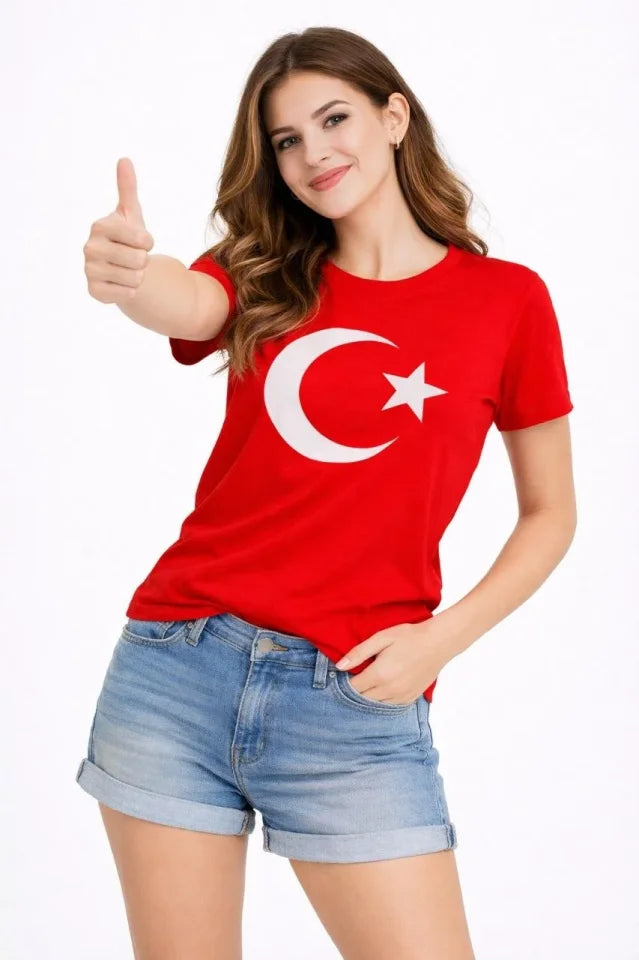 T-Shirt Kısa Kol Bisiklet Yaka Ay Yıldız Bayrak Baskılı Tişört - Kırmızı (186350)