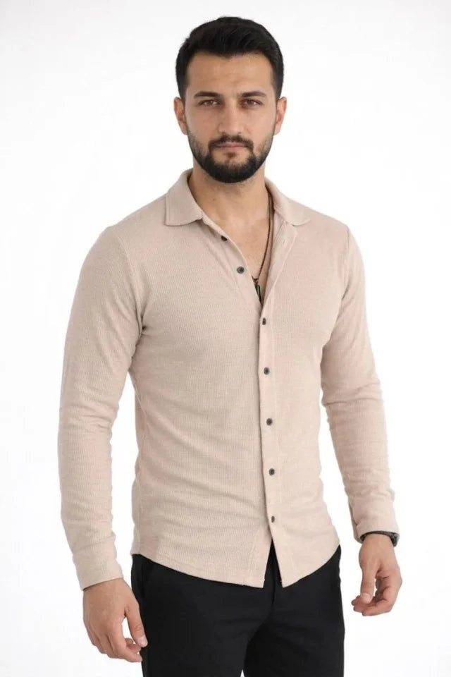 Erkek Waffle Kumaş Uzun Kollu Düğmeli Açık Yaka Regular Fit Gömlek - Bej (186368)
