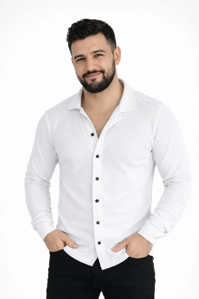 Erkek Waffle Kumaş Uzun Kollu Düğmeli Açık Yaka Regular Fit Gömlek - Beyaz (186371)