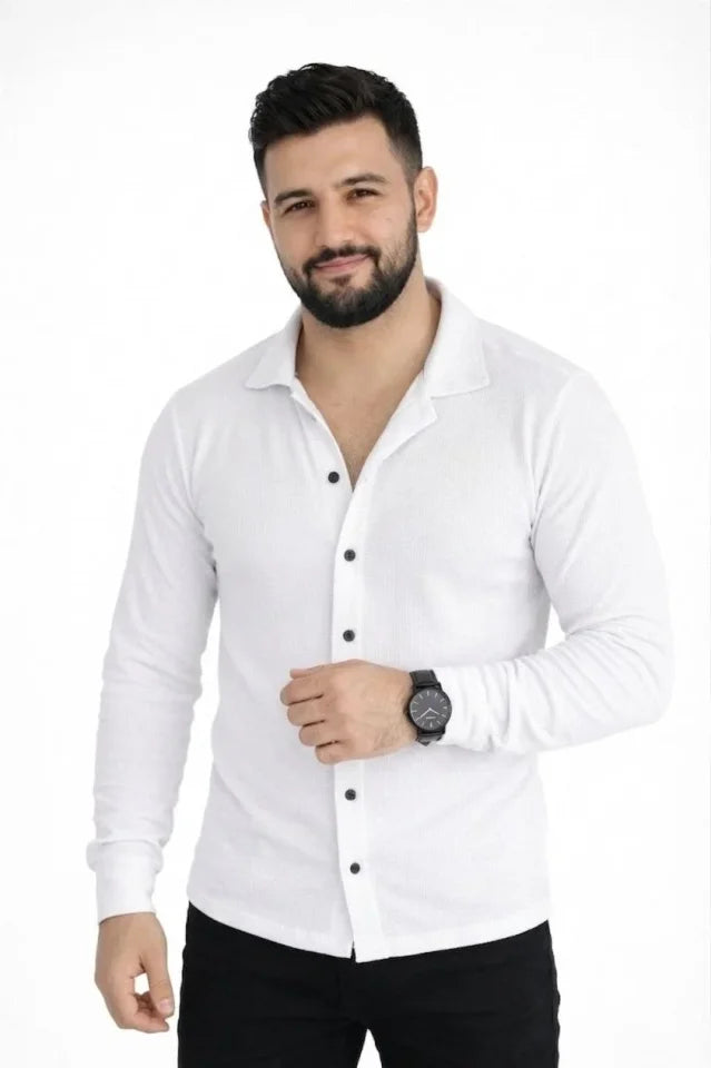 Erkek Waffle Kumaş Uzun Kollu Düğmeli Açık Yaka Regular Fit Gömlek - Beyaz (186371)