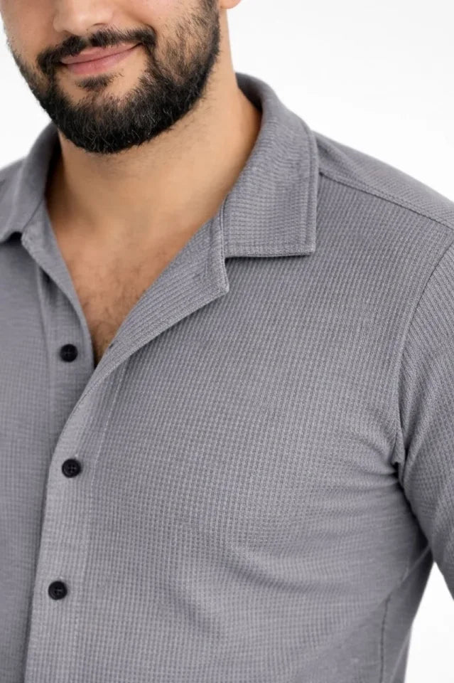 Erkek Waffle Kumaş Uzun Kollu Düğmeli Açık Yaka Regular Fit Gömlek - Füme (186372)