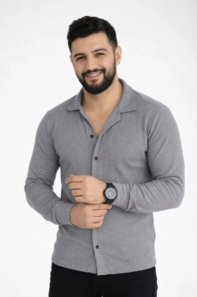 Erkek Waffle Kumaş Uzun Kollu Düğmeli Açık Yaka Regular Fit Gömlek - Füme (186372)