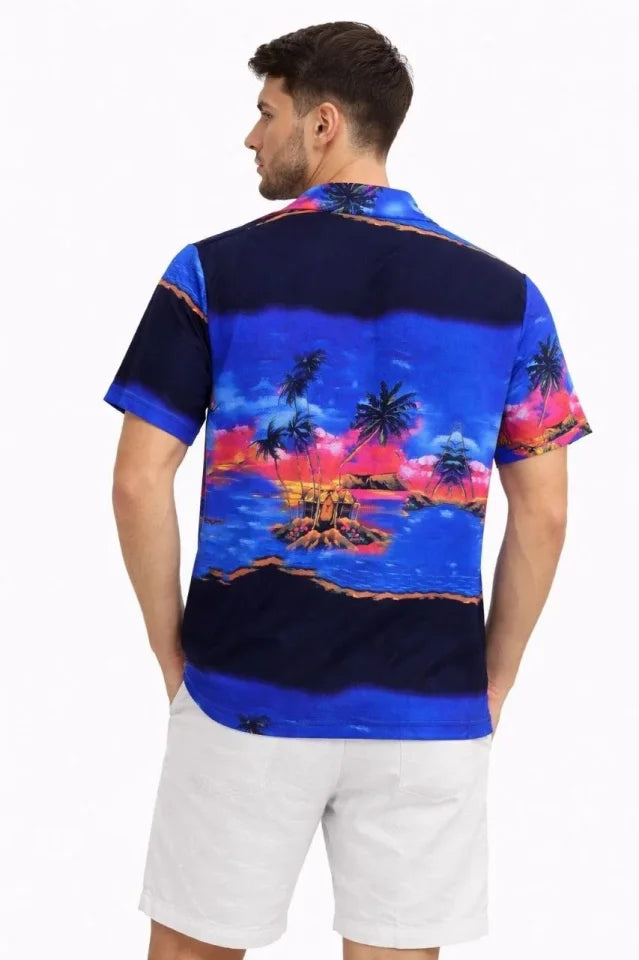 Erkek Tropikal Ada Manzara Desenli Kısa Kol Gömlek Hawaii Tarz Yazlık Rahat Kalıp - Desenli (186375)