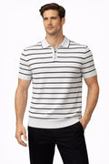 Erkek Triko Polo Yaka Fermuarlı Çizgili Tişört T-Shirt Yazlık Şık - Beyaz (186483)