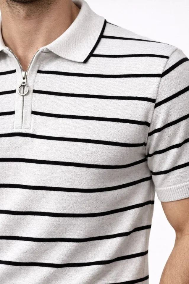 Erkek Triko Polo Yaka Fermuarlı Çizgili Tişört T-Shirt Yazlık Şık - Beyaz (186483)