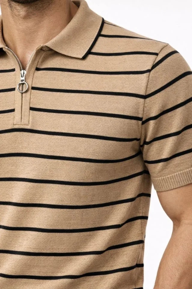 Erkek Triko Polo Yaka Fermuarlı Çizgili Tişört T-Shirt Yazlık Şık - Kahverengi (186484)