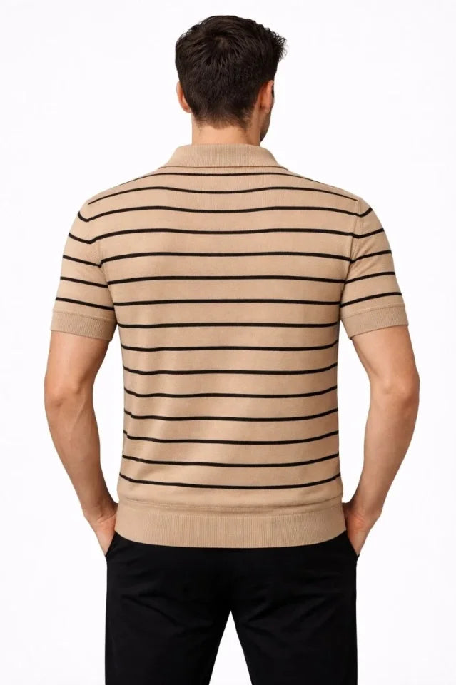 Erkek Triko Polo Yaka Fermuarlı Çizgili Tişört T-Shirt Yazlık Şık - Kahverengi (186484)
